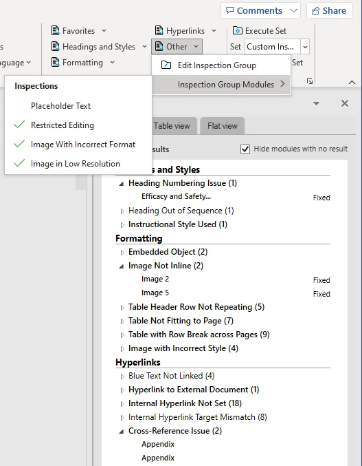 The OnStyle validation pane in Microsoft Word