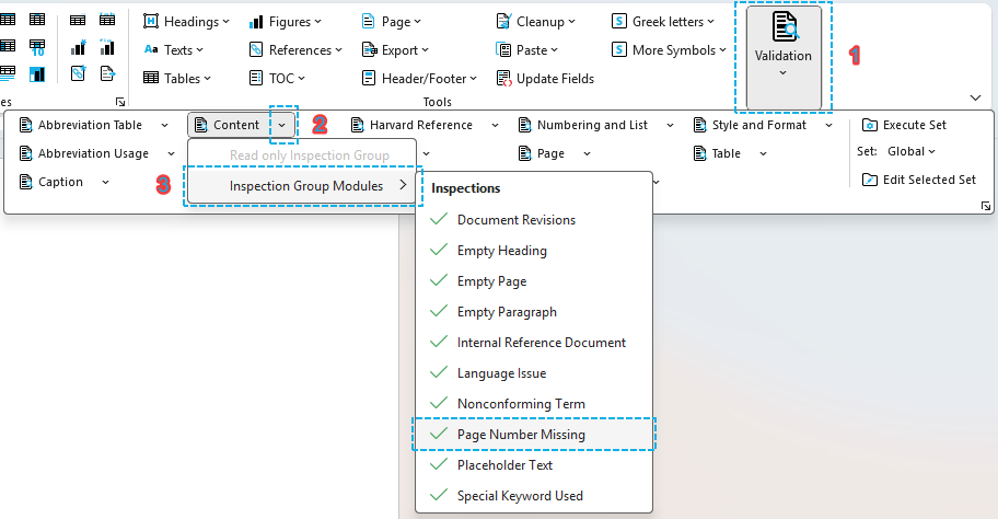 OnStyle Ribbon with the Validation group open and an Inspection Group expanded, showing its modules in a dropdown list.
