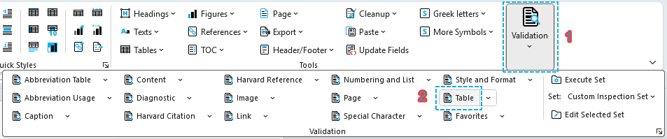 OnStyle Ribbon with the Validation group open and an Inspection Group selected.