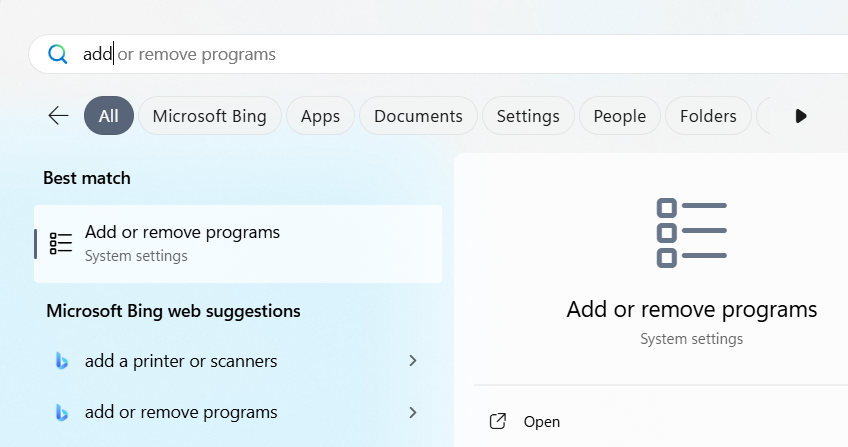 Windows search field with ‘add or remove programs’ being typed to find the Apps & Features settings.