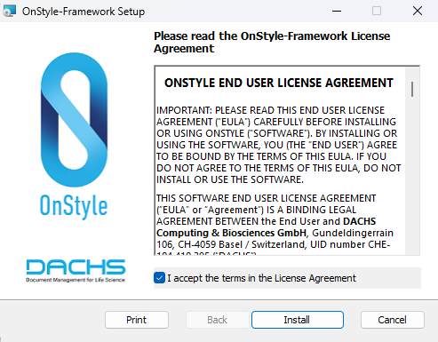 OnStyle Framework installer showing the License Agreement screen.