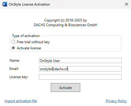 OnStyle activation dialog showing the option to activate with a license key, including fields for Name, Email, and License key.