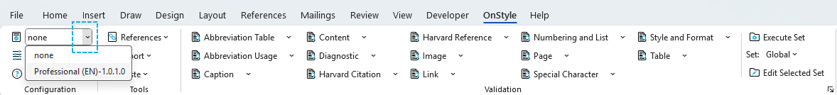 DocConfig Selector drop-down displaying a list of available DocConfigs to choose from.