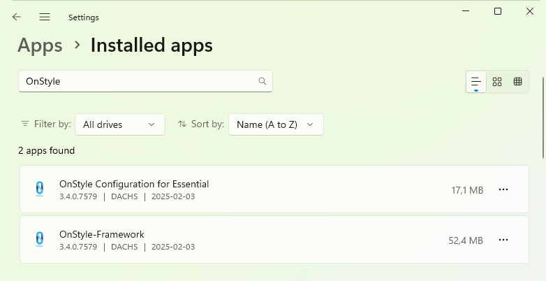 Windows Apps & Features settings with ‘OnStyle’ entered in the search box to list related programs.