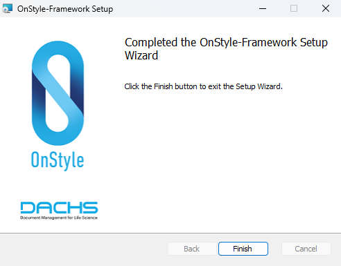 OnStyle Framework installer showing the Setup Completed screen with the Finish button.