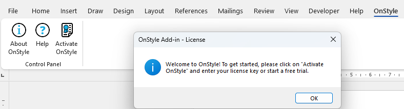 Microsoft Word Ribbon with the OnStyle tab selected for the first time, triggering the activation prompt.