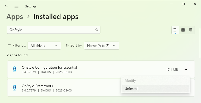 Windows Apps & Features list showing OnStyle Configuration with the Uninstall option available.