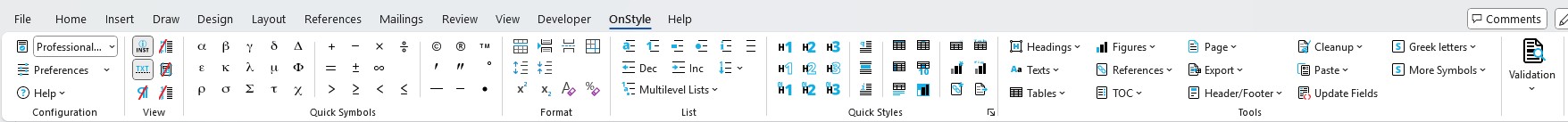 OnStyle Ribbon showing the full set of tools available after applying a DocConfig.