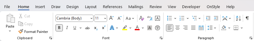 Microsoft Word Ribbon with the OnStyle tab visible (Home tab remains the active tab by default).