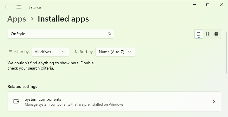 Windows Apps & Features settings with ‘OnStyle’ typed again to confirm that no related programs remain in the list.