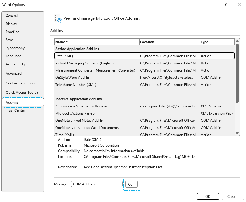 Microsoft Word Options dialog open to the Add-ins section, showing available add-in types and the option to manage COM Add-ins.