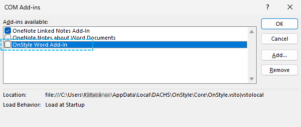 COM Add-ins dialog in Microsoft Word with OnStyle Word Add-in listed and a checkbox to enable or disable it.