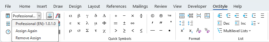 OnStyle Ribbon in Word with the Assign DocConfig dropdown list open in the Configuration group.