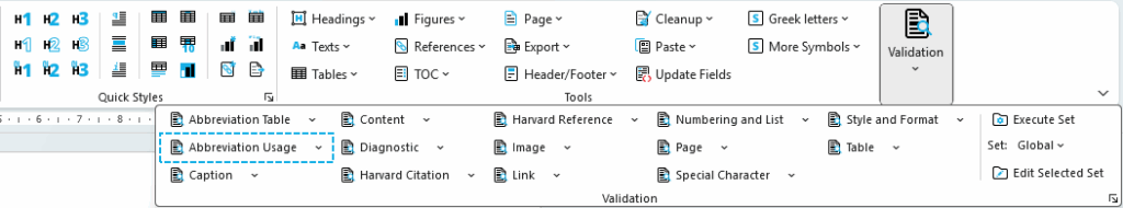 OnStyle Ribbon in Word with the Validation group expanded, showing inspection groups for document checking.