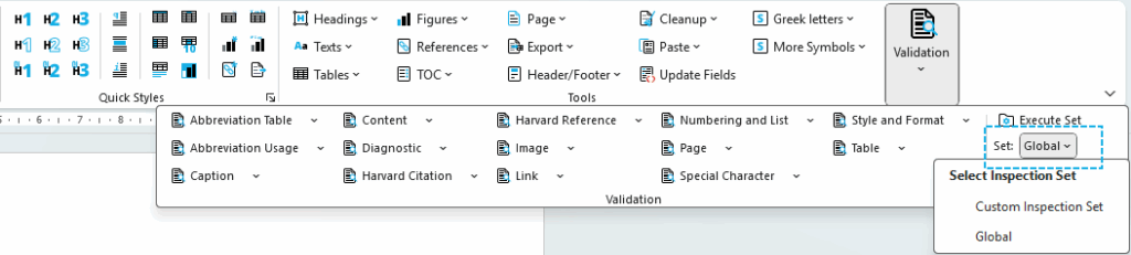 OnStyle Ribbon with the Validation group open and the Set dropdown expanded, showing Global and Custom inspection sets.