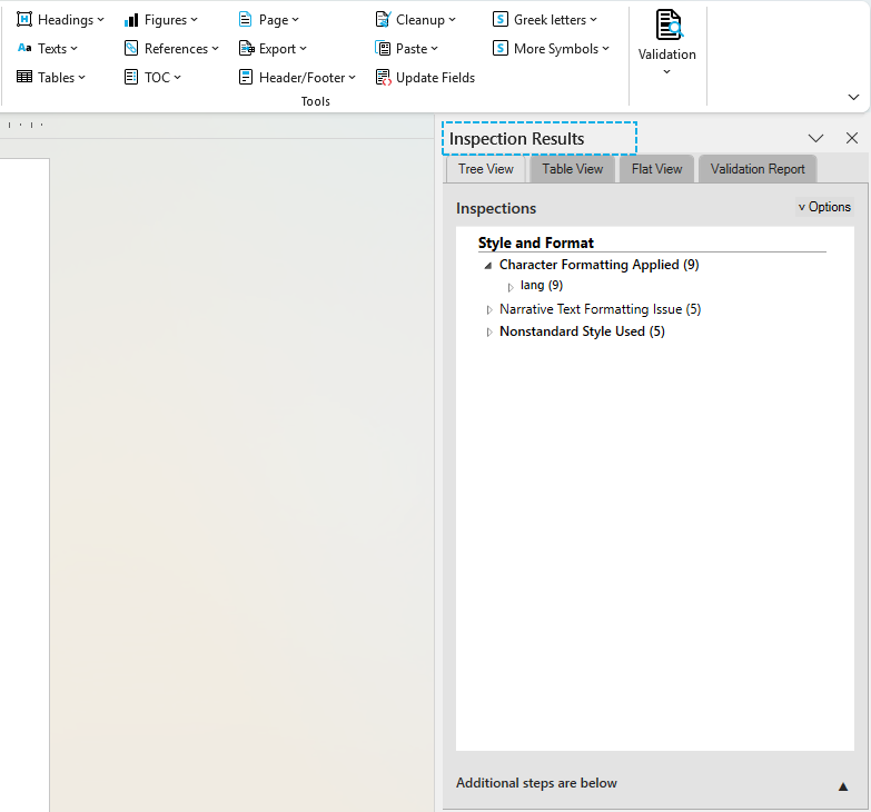 Word window showing the OnStyle Ribbon and the Inspection Results pane listing validation findings.