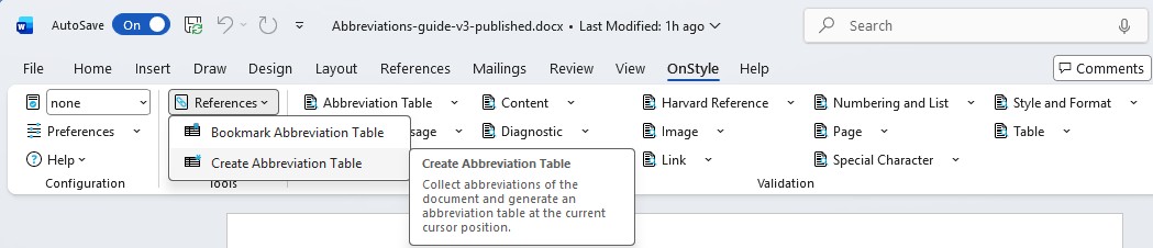 Microsoft Word interface showing the “OnStyle” tab with a dropdown menu open from “References” opened from the “Tools” menu group, revealing options like “Bookmark Abbreviation Table” and “Create Abbreviation Table” with descriptive text for the latter.