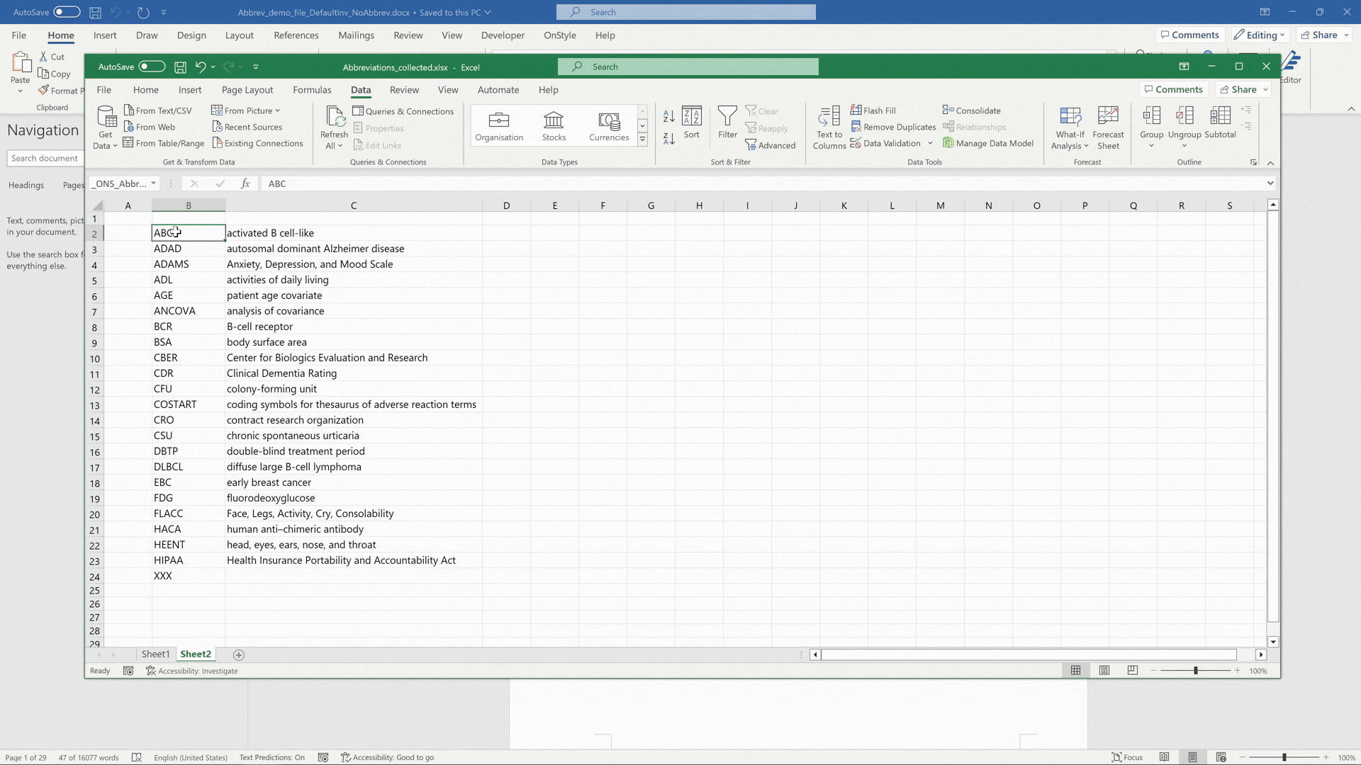 Add the description for each abbreviation. Once descriptions are added, copy the list or dictionary of abbreviations back into Microsoft Word and format it as a table.