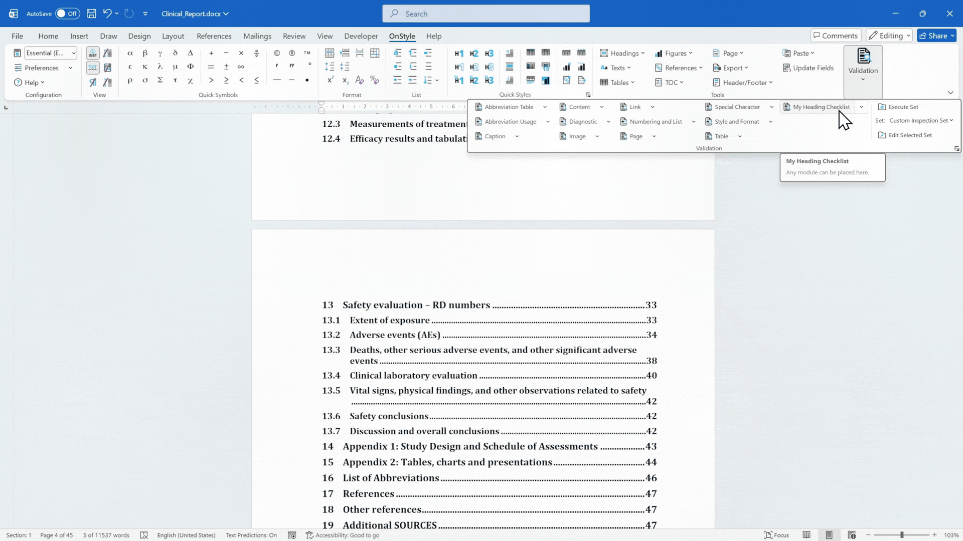 How to Automate Heading and Table of Contents Corrections Using OnStyle: OnStyle can detect heading numbering issues, incorrect list formatting, headings that are out of sequence, broken internal hyperlinks, and direct formatting applied to headings.