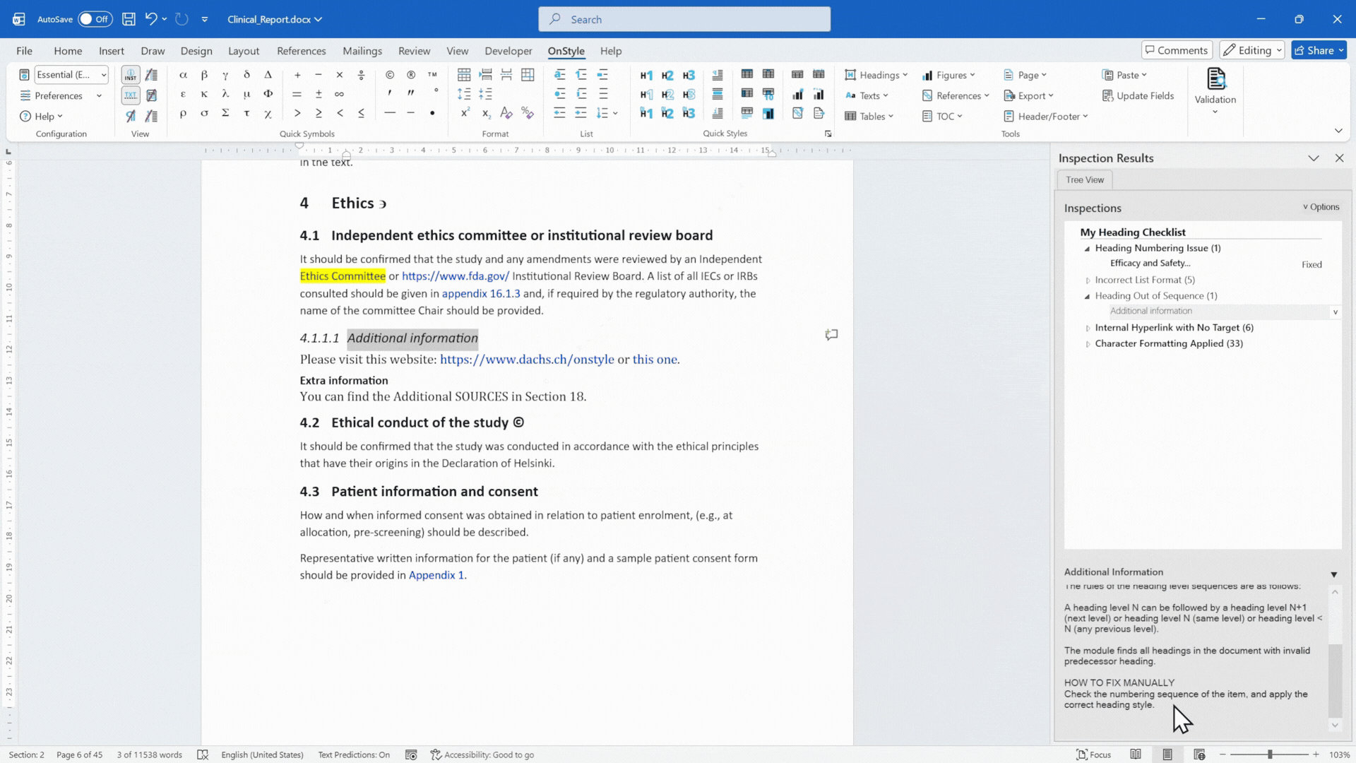 How to Fix Heading Structure in Microsoft Word
The OnStyle Word add-in can remove direct formatting from headings, apply correct styles to manually formatted text, remove manually added numbering, and normalize heading structure across the document.