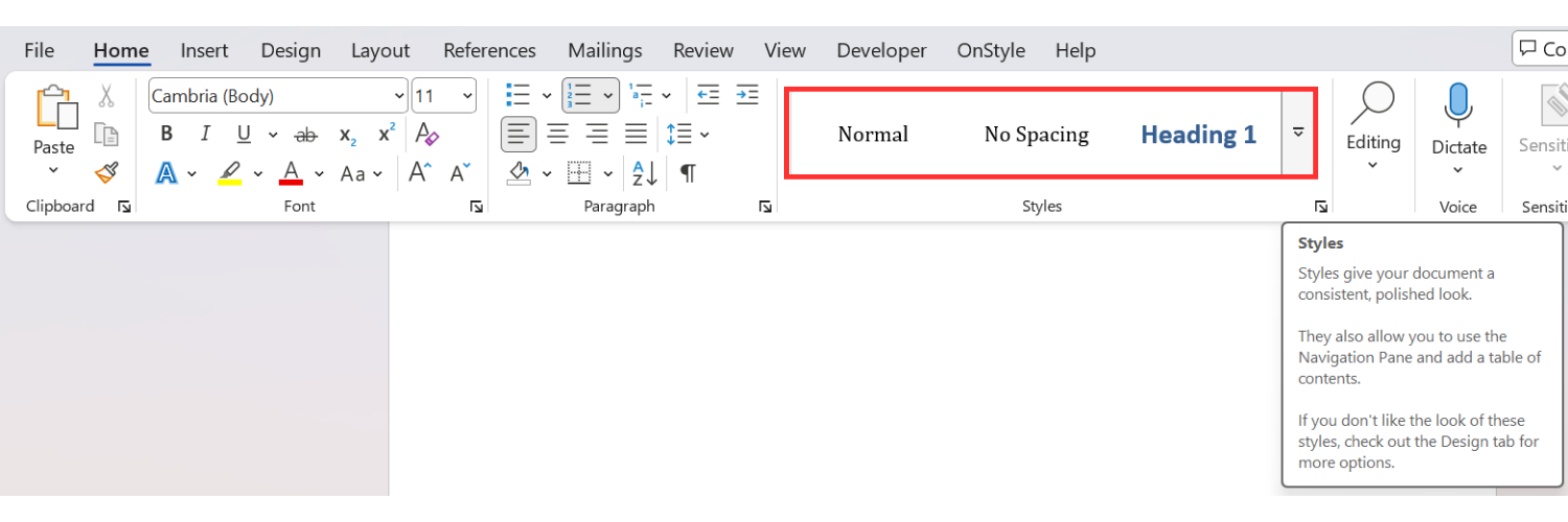 Select the heading text.
On the Home tab of the Ribbon, apply the correct heading style (e.g., Heading 1)
