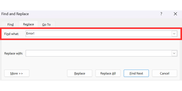 Find Broken Cross-References
Press Ctrl + H to open the Find and Replace dialog box.
In the “Find what” field, enter Error!
Select Find Next to navigate through each broken reference.