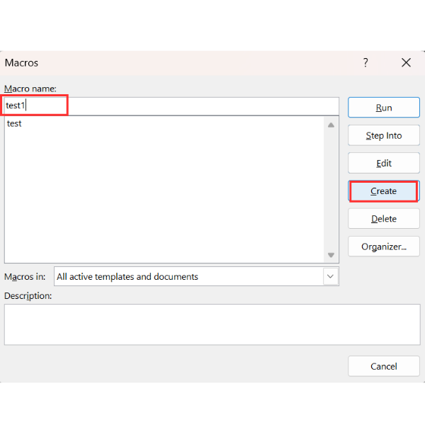 Enter a macro name without spaces or special characters.
Select Create.