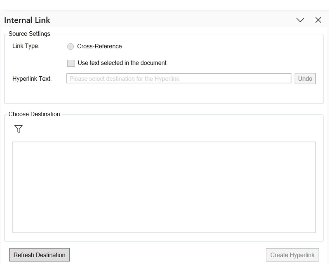 OnStyle can:
insert hyperlinks to external resources
insert internal links to headings or bookmarks
support structured linking workflows within the document
Links are inserted from a centralized interface rather than navigating multiple Ribbon tabs and