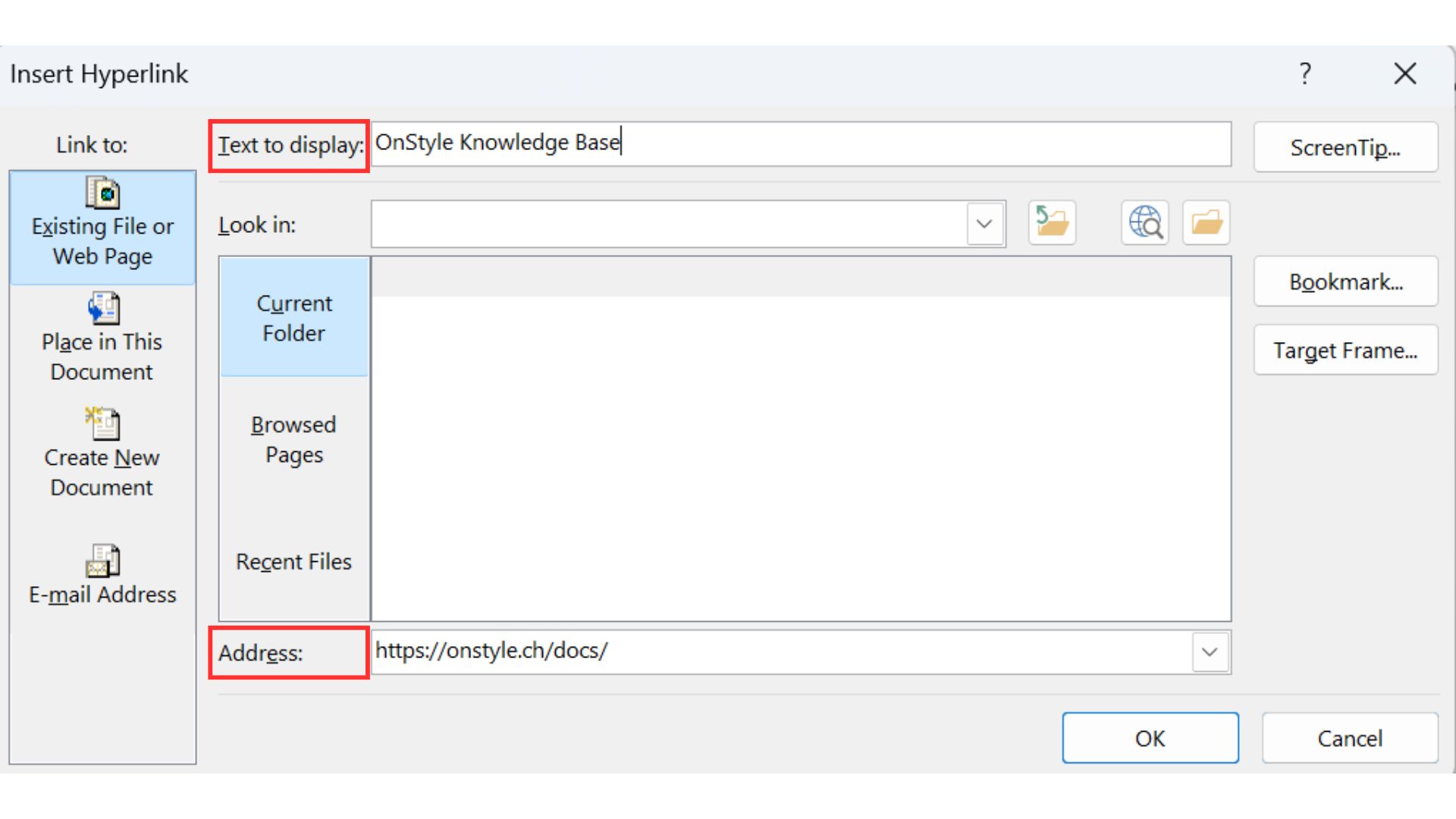 How to Insert an External Hyperlink
Select the text that should become the hyperlink.
Press Ctrl + K to open the Insert Hyperlink dialog box.
In the destination field, enter the web address, file path, or email address.
Select OK.