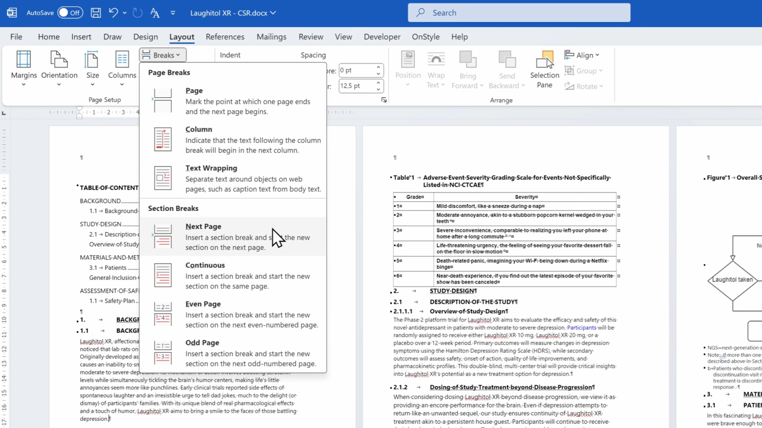 Rotate a single page in Word by inserting section breaks: Place the cursor at the beginning of the page you want to rotate.
Go to the Layout tab.
Click Breaks.
Select Next Page under Section Breaks.