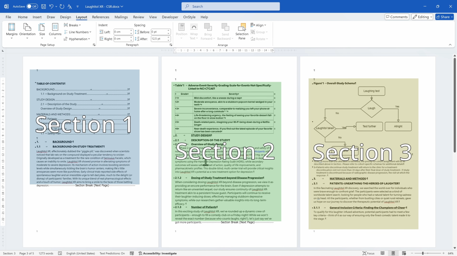 After inserting the section breaks, the document is divided into three parts: the content before the page, the page itself, and the content after it. This structure ensures that layout changes apply only to the selected page.