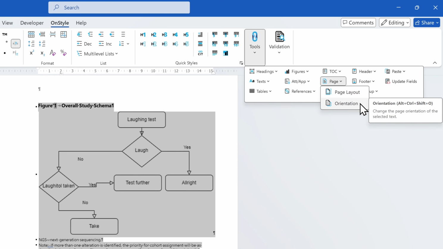 How to Rotate A Single Page in Word automatically with OnStyle: Select the page you want to rotate.
Go to the OnStyle Ribbon.
In the Tools group, click Page Orientation.
Select Landscape.