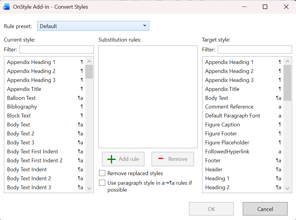 Style conversion in Word is performed by defining rules. Each rule specifies which style should be replaced and which style should replace it. This approach supports both simple replacements and complex transformations.
