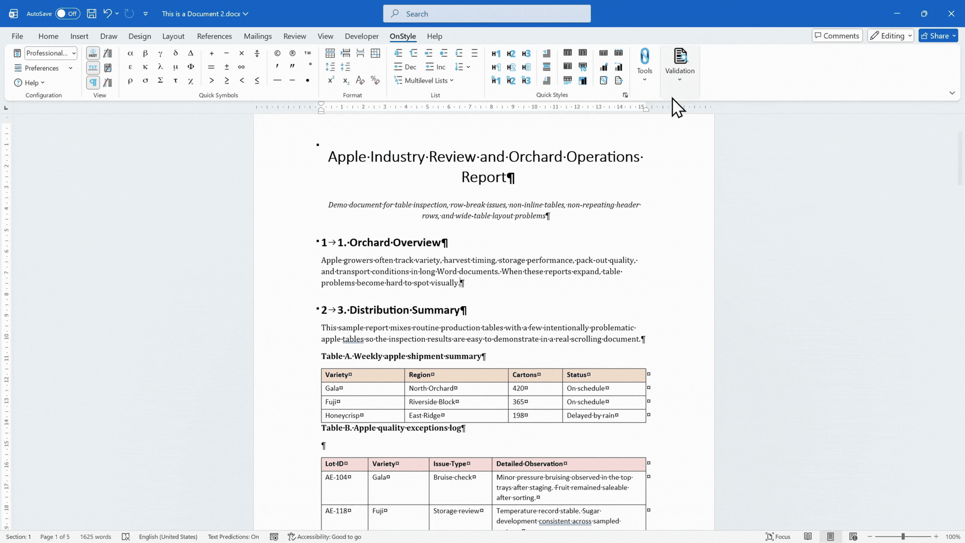 How OnStyle Detects Table Formatting Issues
Table-related issues are identified using configurable inspection modules.
On the OnStyle tab of the Ribbon, select the relevant inspection modules.
Add table-related checks to a favorites or inspection group if required.
Run the inspection.